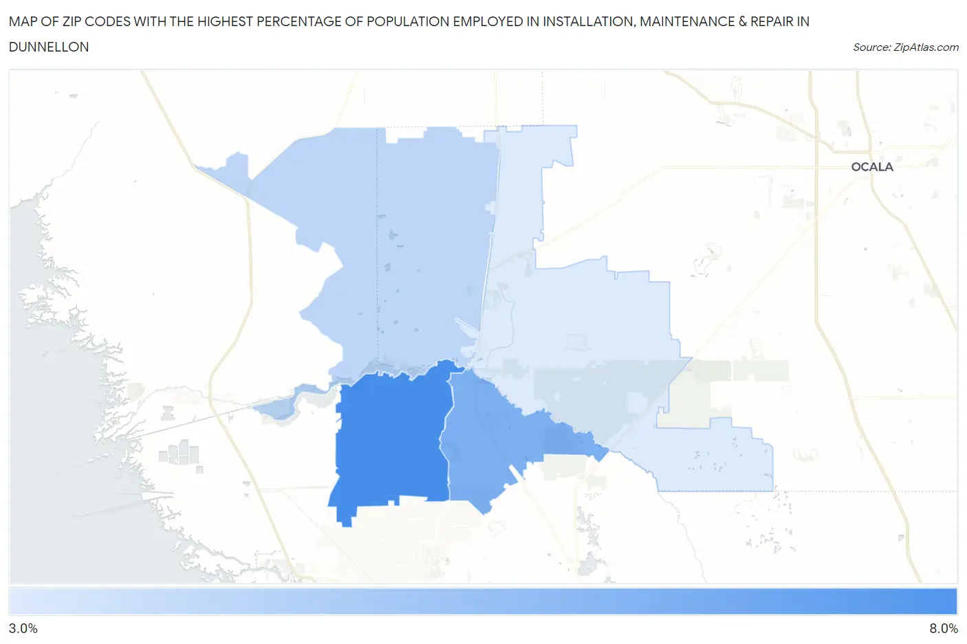 Zip Codes with the Highest Percentage of Population Employed in Installation, Maintenance & Repair in Dunnellon Map