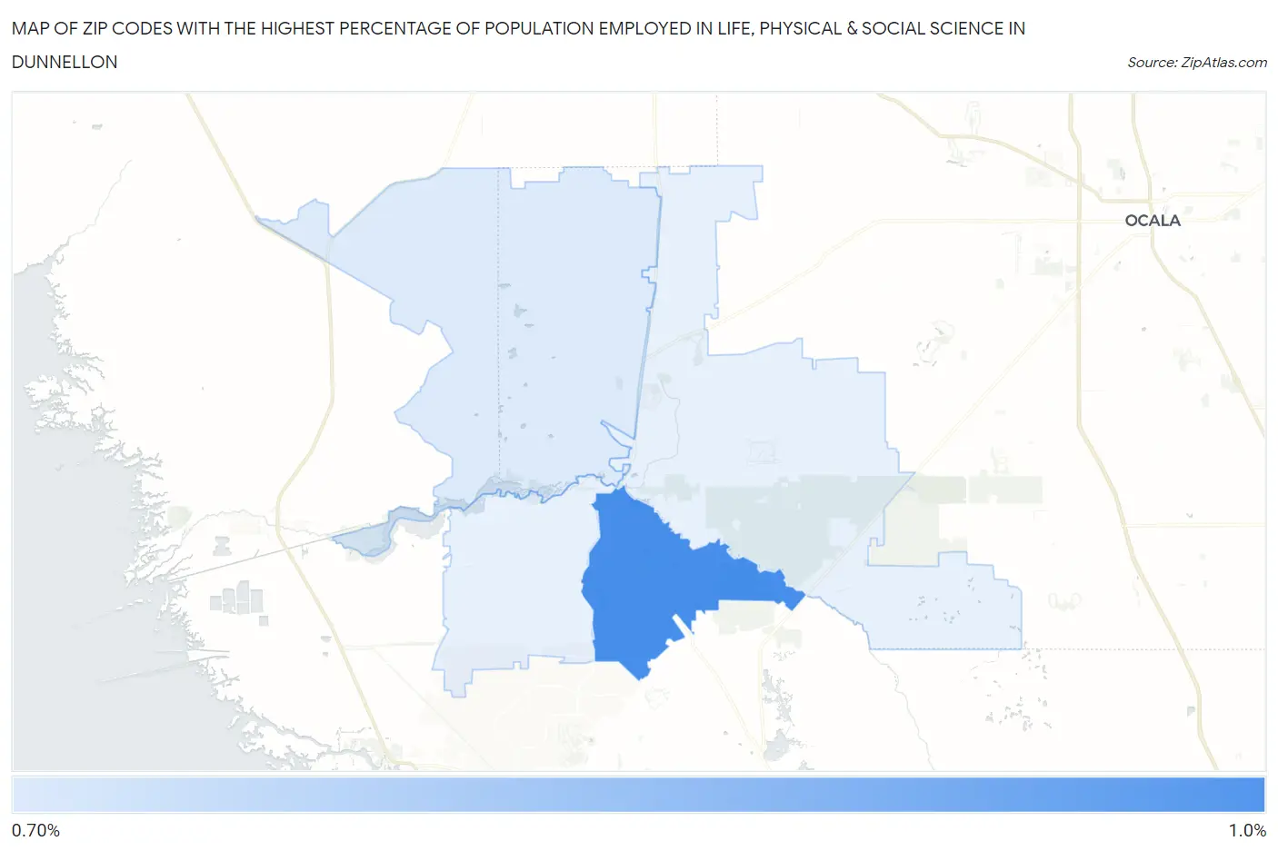 Zip Codes with the Highest Percentage of Population Employed in Life, Physical & Social Science in Dunnellon Map