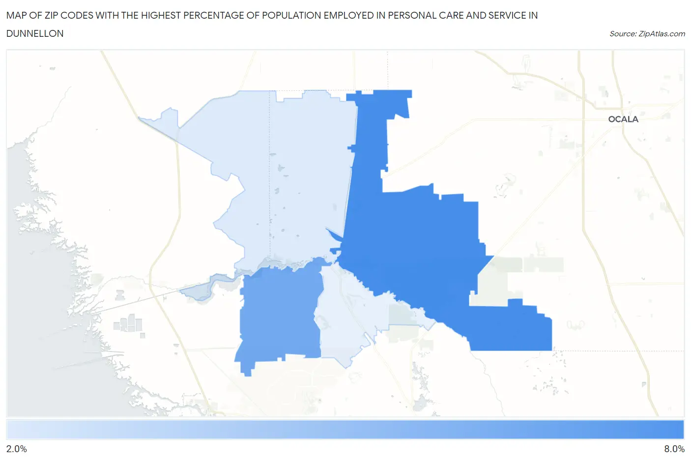 Zip Codes with the Highest Percentage of Population Employed in Personal Care and Service in Dunnellon Map