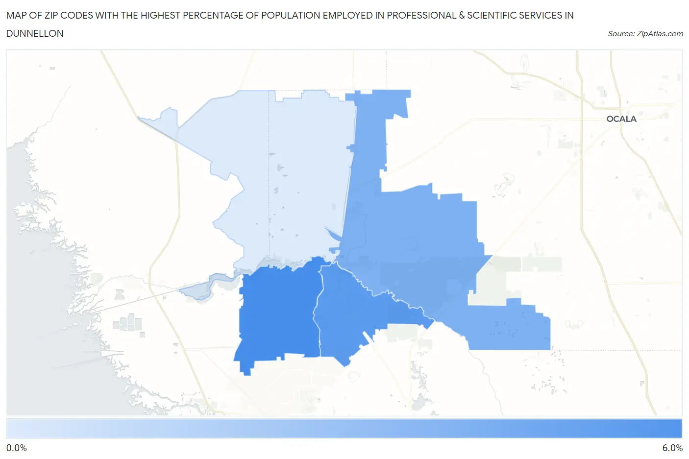 Zip Codes with the Highest Percentage of Population Employed in Professional & Scientific Services in Dunnellon Map