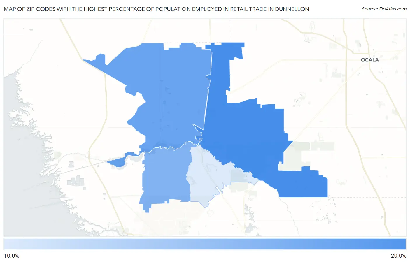 Zip Codes with the Highest Percentage of Population Employed in Retail Trade in Dunnellon Map
