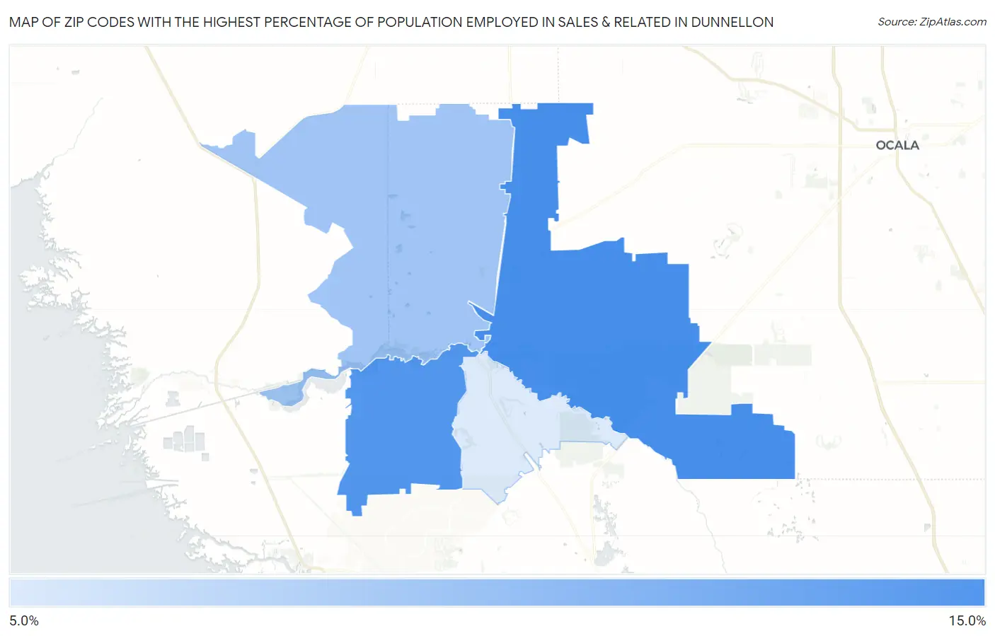 Zip Codes with the Highest Percentage of Population Employed in Sales & Related in Dunnellon Map