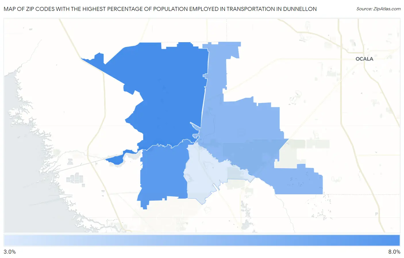 Zip Codes with the Highest Percentage of Population Employed in Transportation in Dunnellon Map