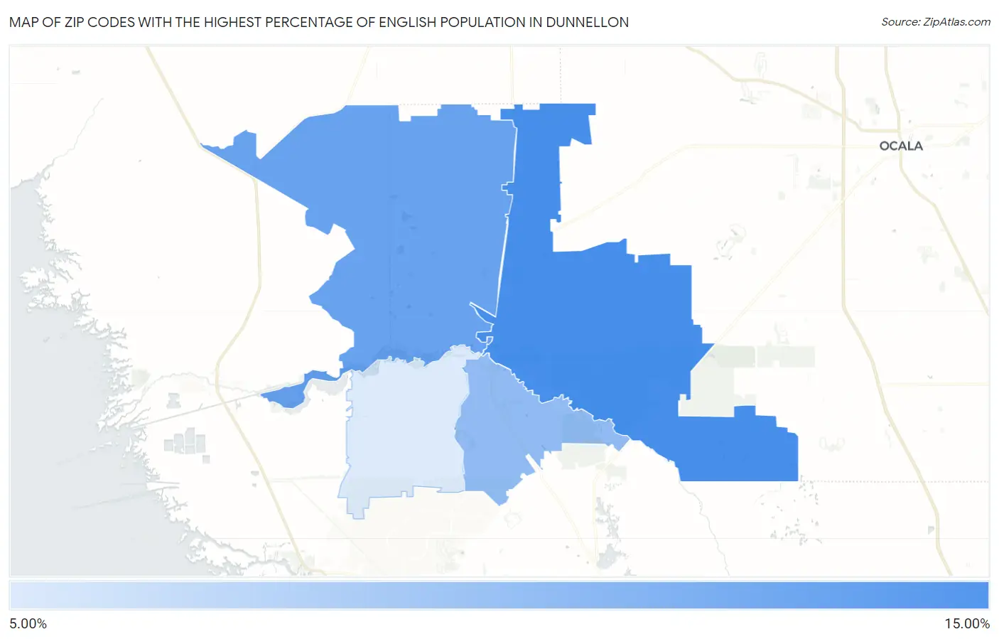 Zip Codes with the Highest Percentage of English Population in Dunnellon Map