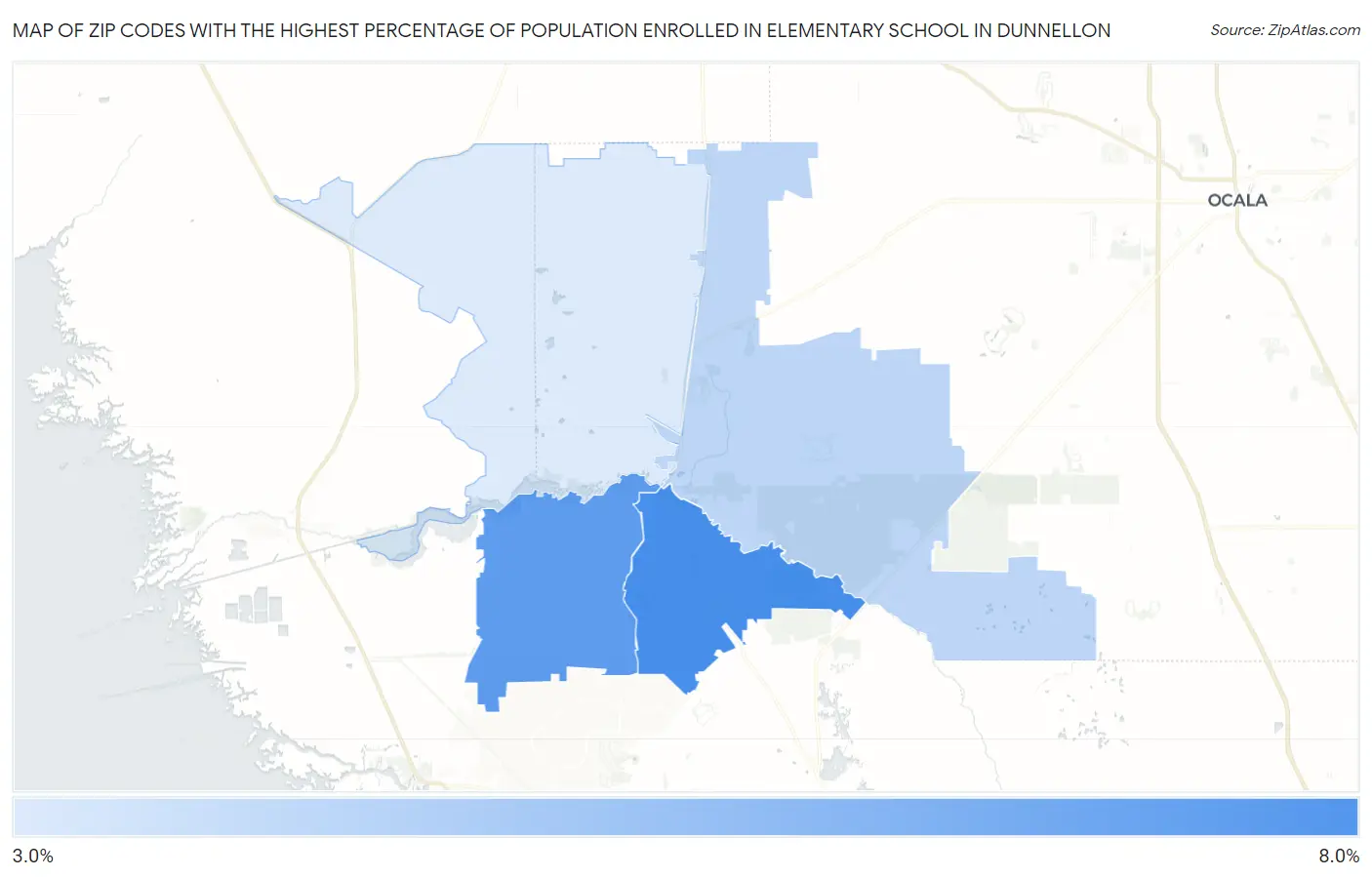 Zip Codes with the Highest Percentage of Population Enrolled in Elementary School in Dunnellon Map