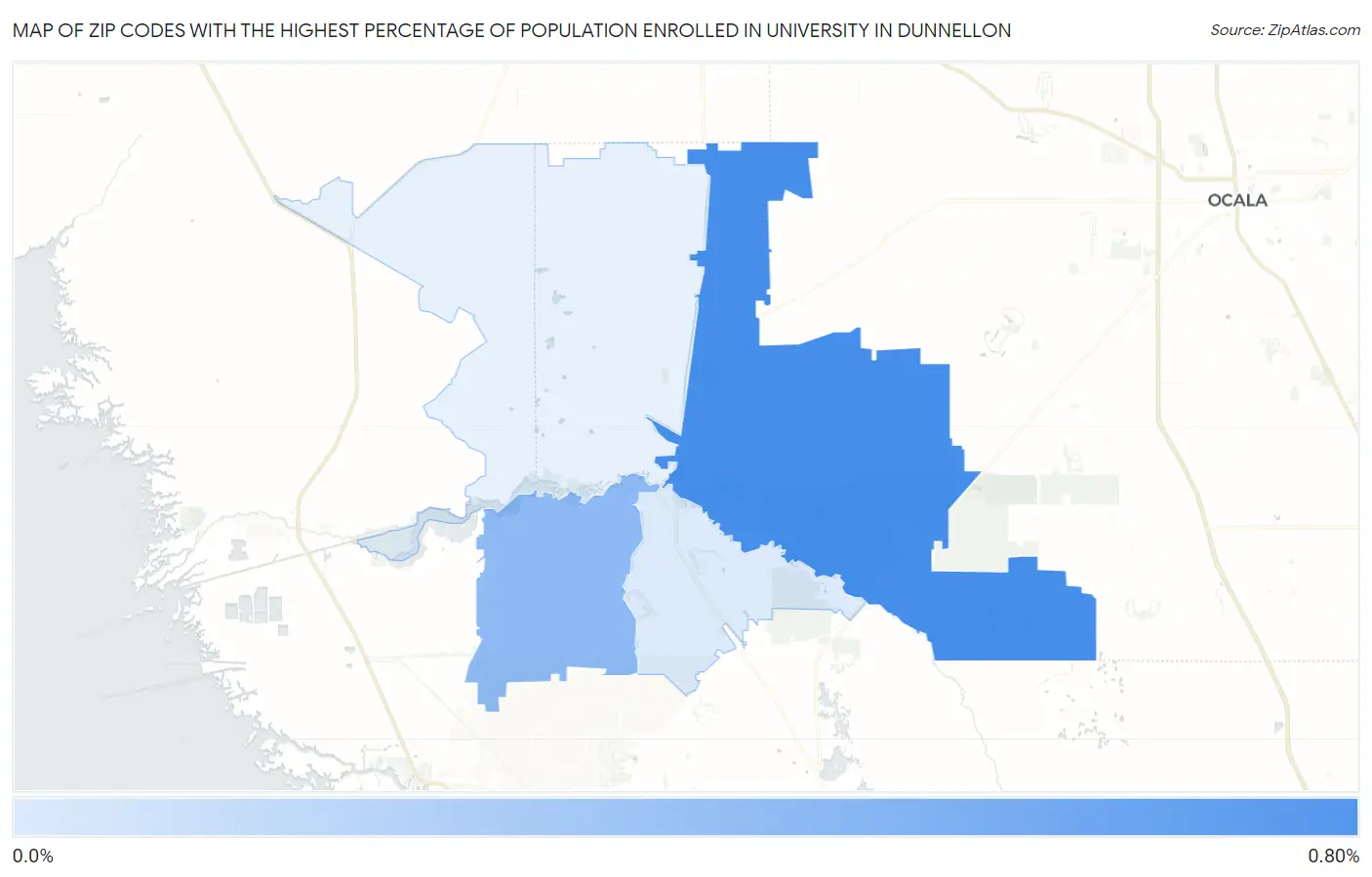 Zip Codes with the Highest Percentage of Population Enrolled in University in Dunnellon Map