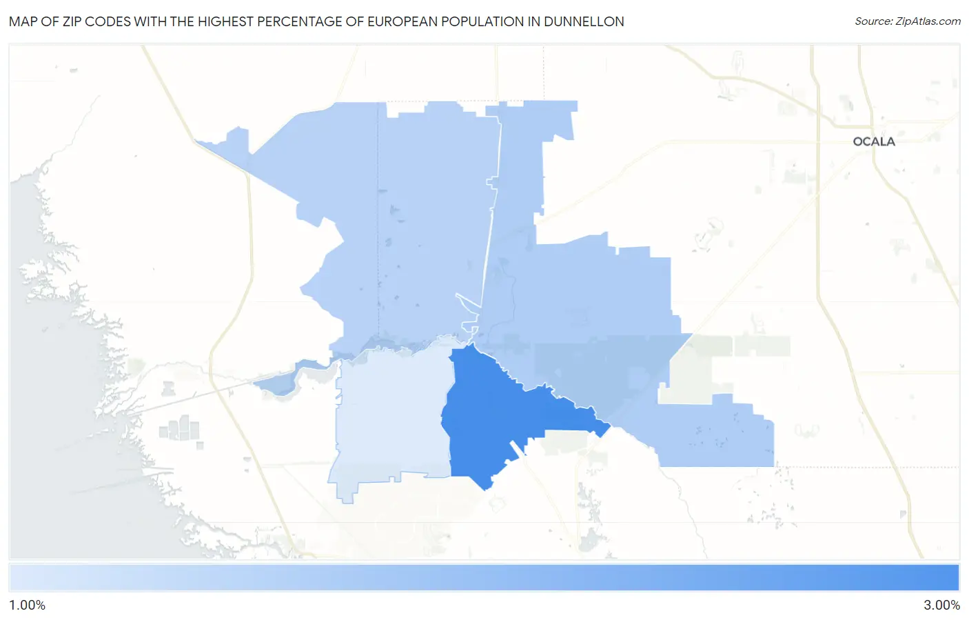 Zip Codes with the Highest Percentage of European Population in Dunnellon Map
