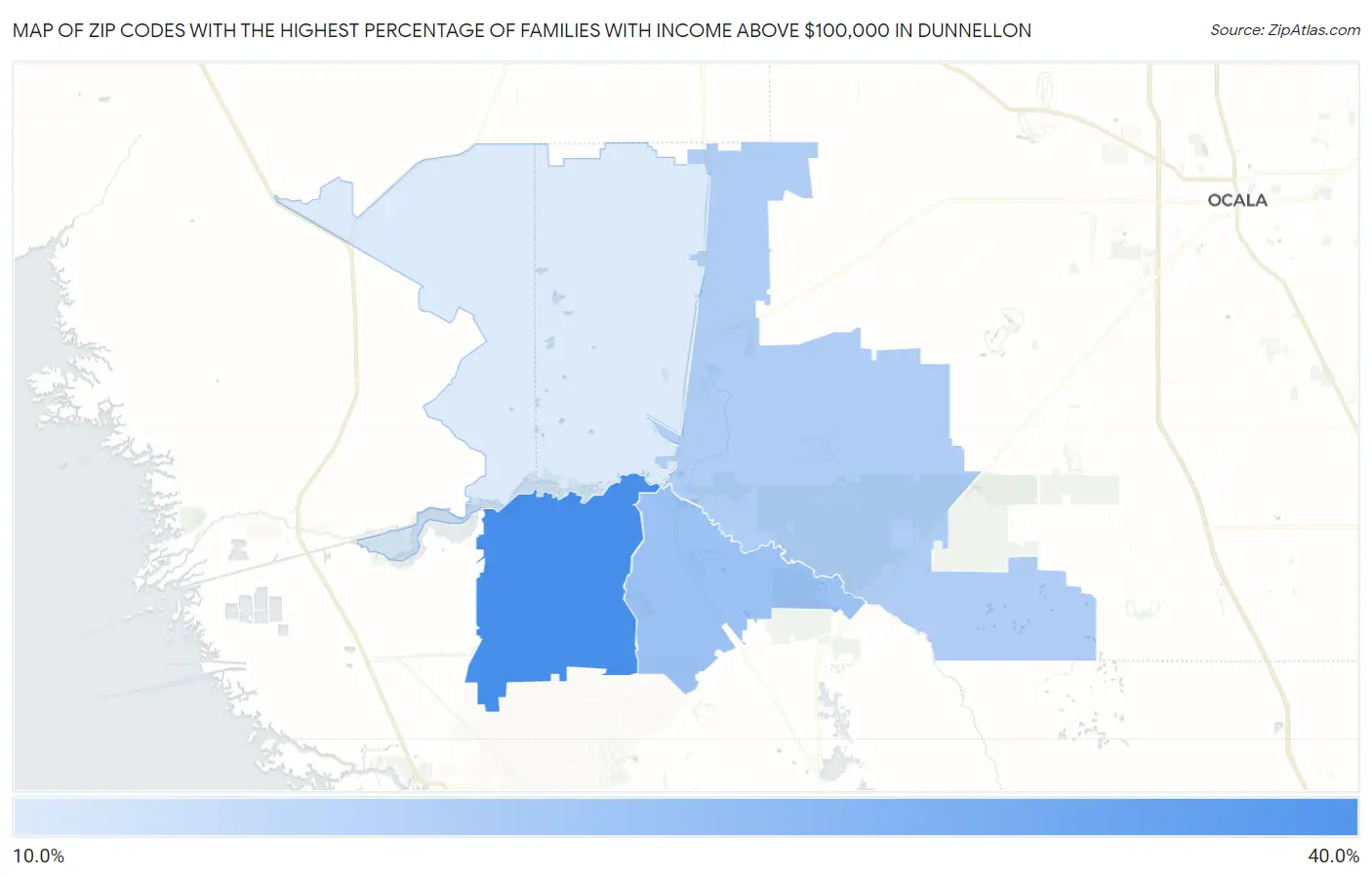 Zip Codes with the Highest Percentage of Families with Income Above $100,000 in Dunnellon Map
