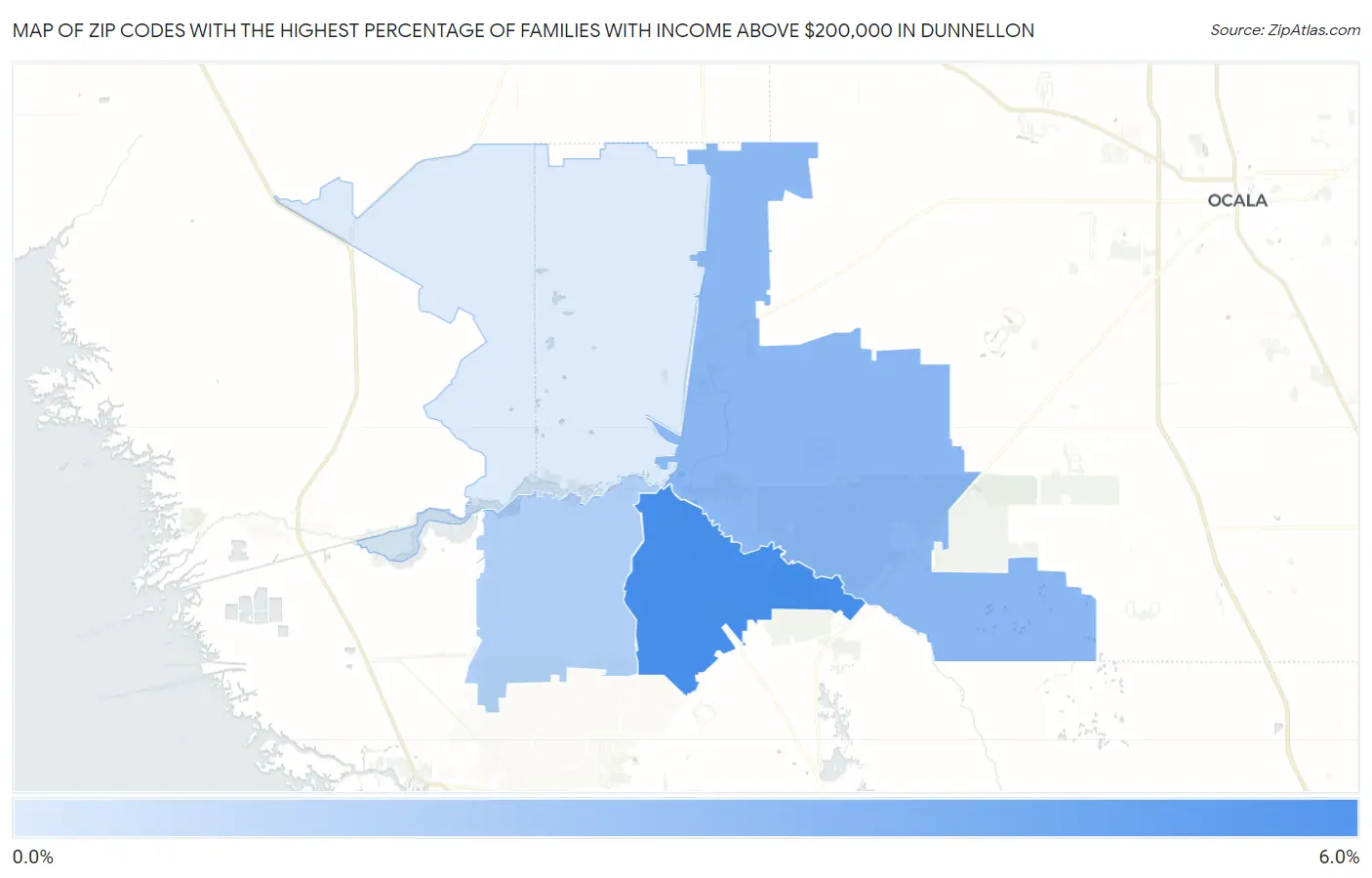 Zip Codes with the Highest Percentage of Families with Income Above $200,000 in Dunnellon Map