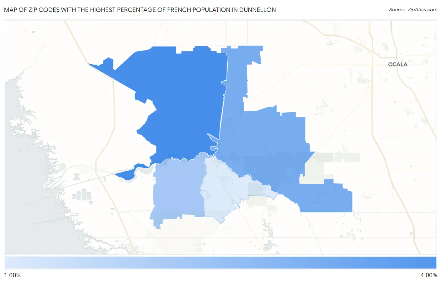 Zip Codes with the Highest Percentage of French Population in Dunnellon Map