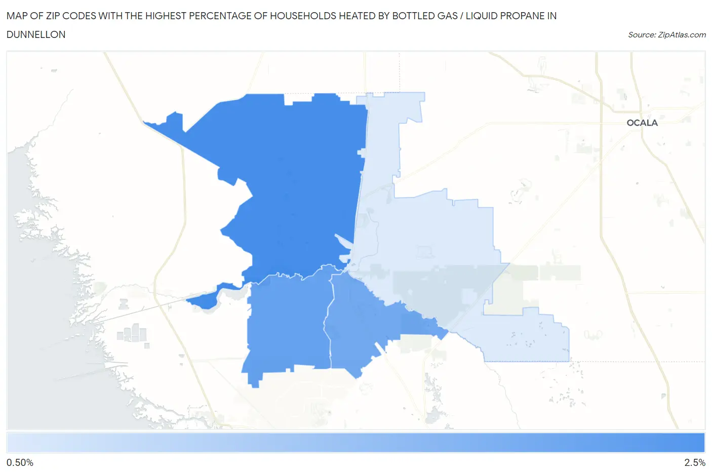 Zip Codes with the Highest Percentage of Households Heated by Bottled Gas / Liquid Propane in Dunnellon Map