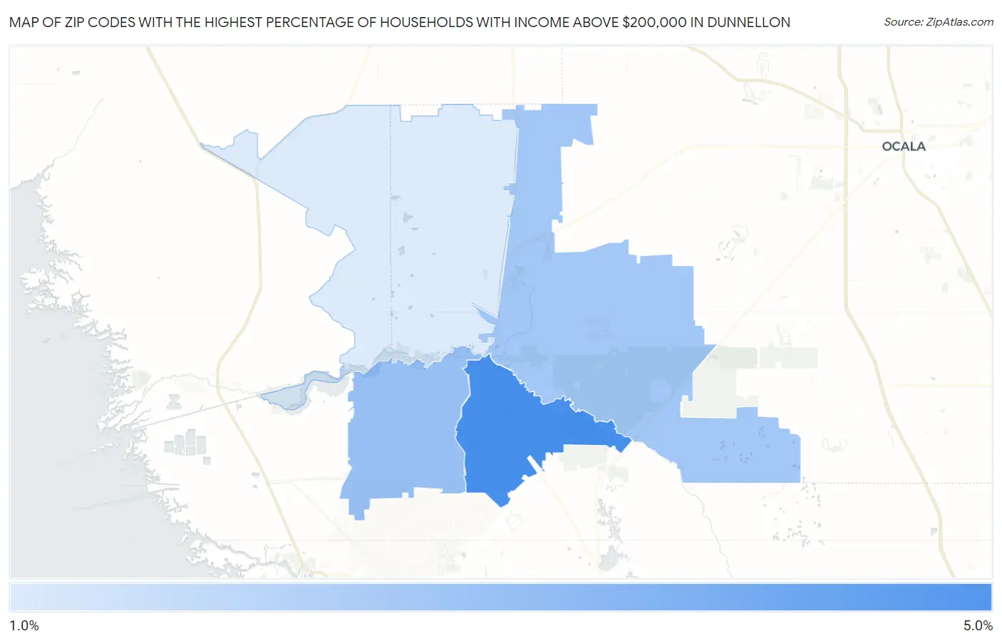 Zip Codes with the Highest Percentage of Households with Income Above $200,000 in Dunnellon Map