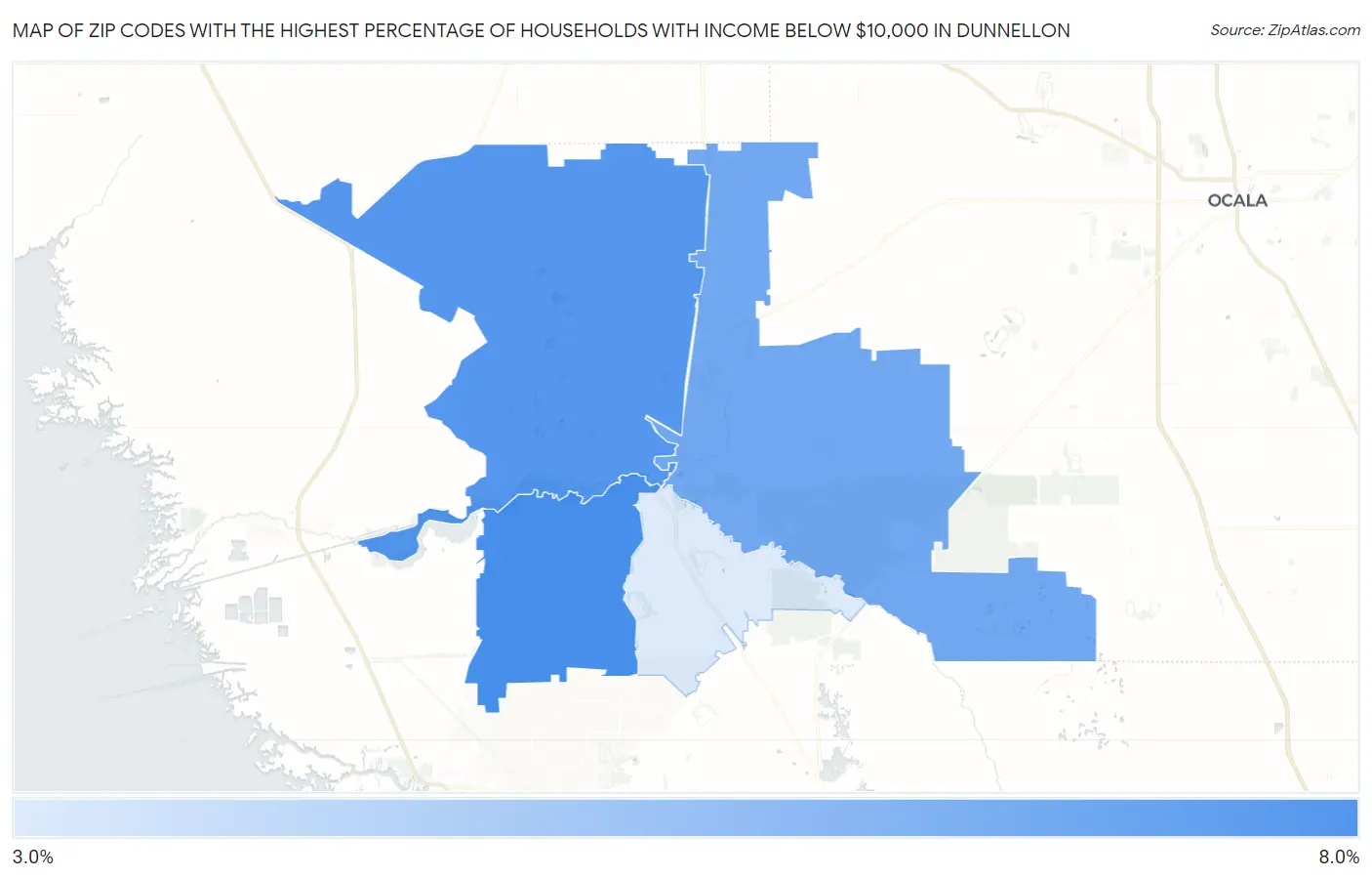 Zip Codes with the Highest Percentage of Households with Income Below $10,000 in Dunnellon Map
