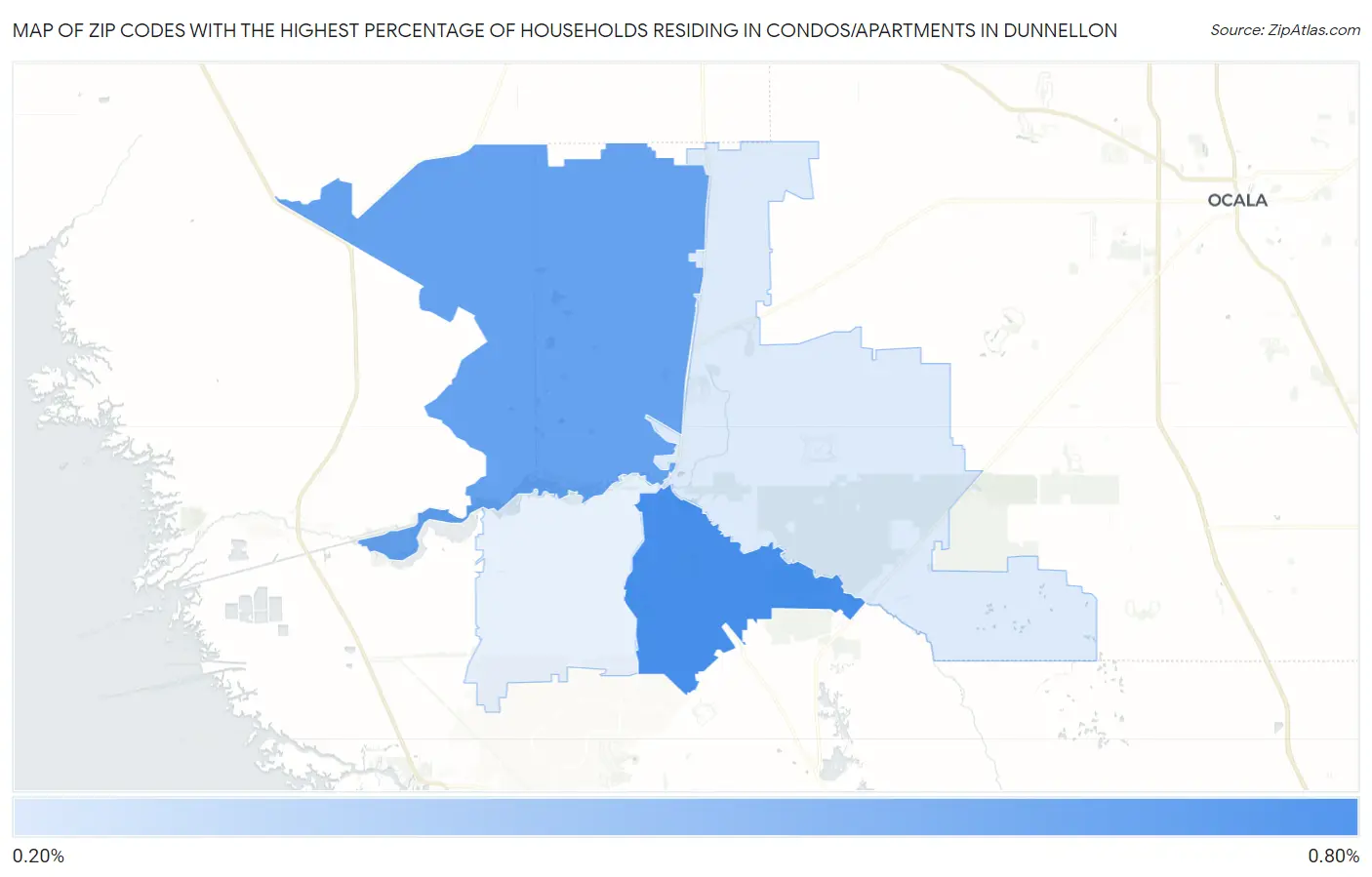 Zip Codes with the Highest Percentage of Households Residing in Condos/Apartments in Dunnellon Map