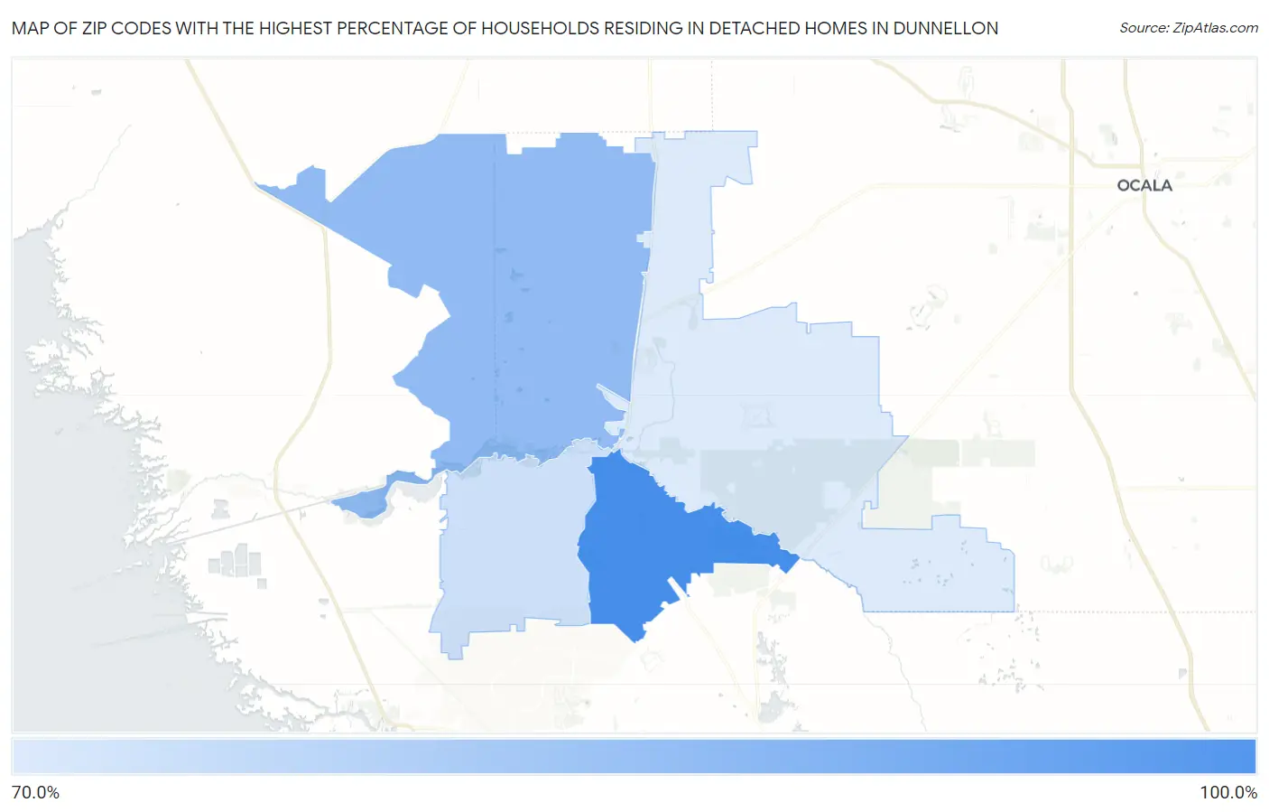 Zip Codes with the Highest Percentage of Households Residing in Detached Homes in Dunnellon Map