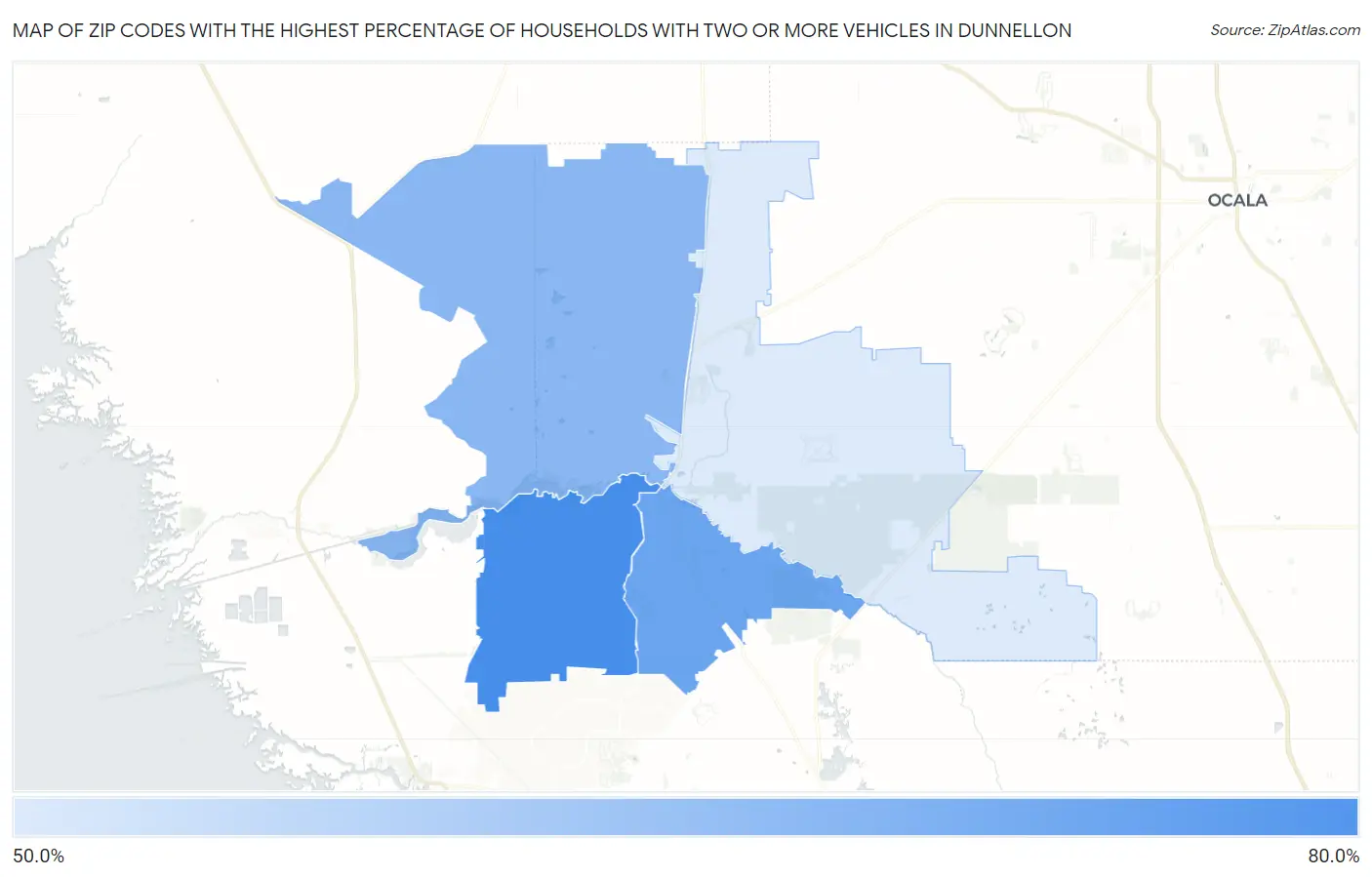 Zip Codes with the Highest Percentage of Households With Two or more Vehicles in Dunnellon Map