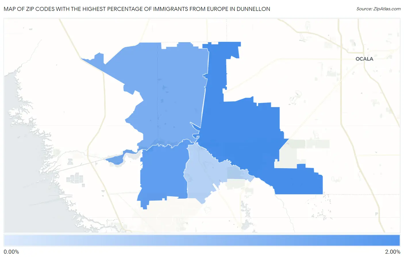 Zip Codes with the Highest Percentage of Immigrants from Europe in Dunnellon Map