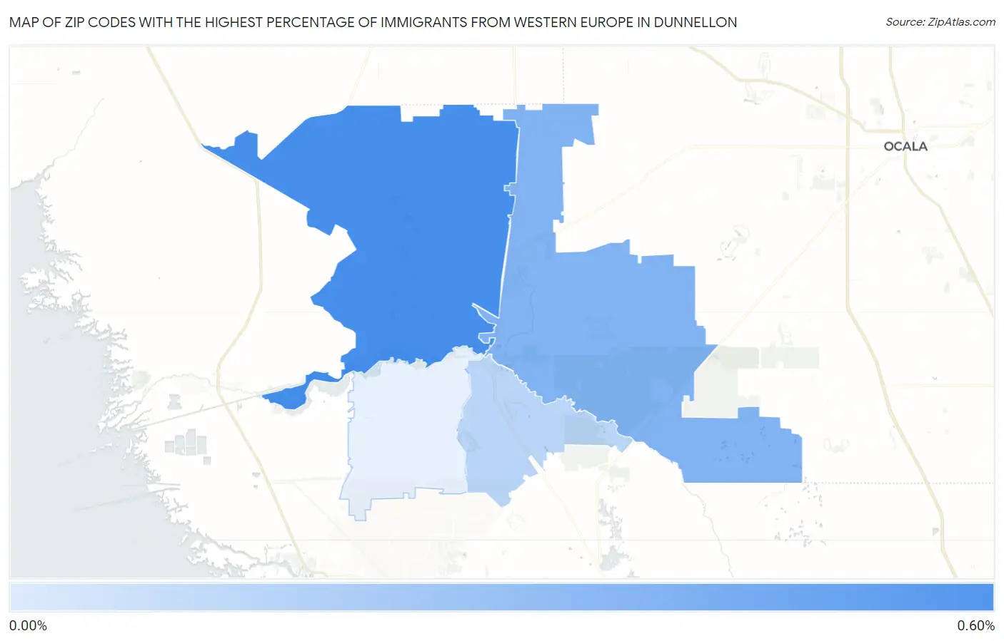 Zip Codes with the Highest Percentage of Immigrants from Western Europe in Dunnellon Map