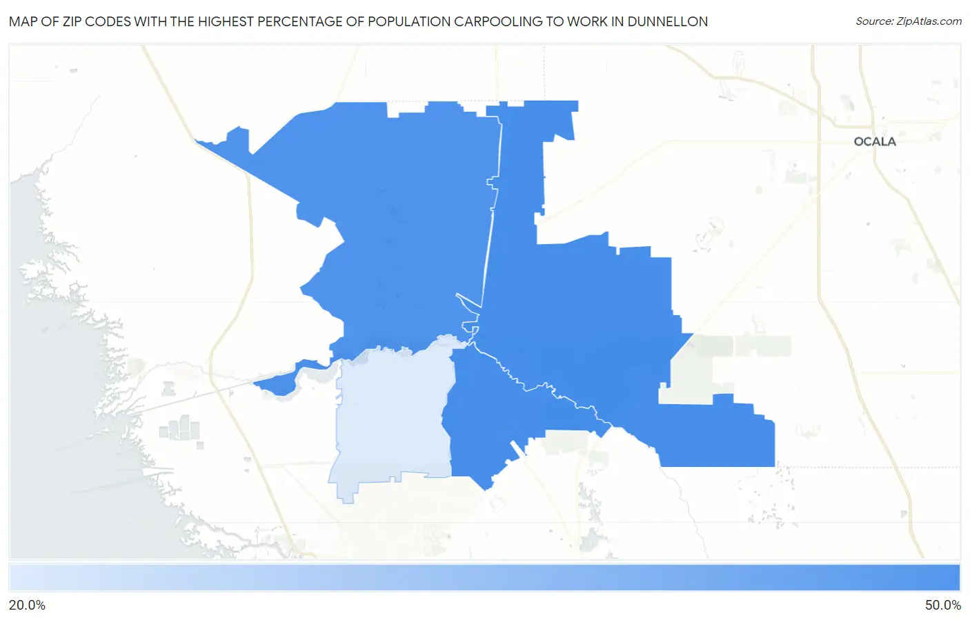 Zip Codes with the Highest Percentage of Population Carpooling to Work in Dunnellon Map