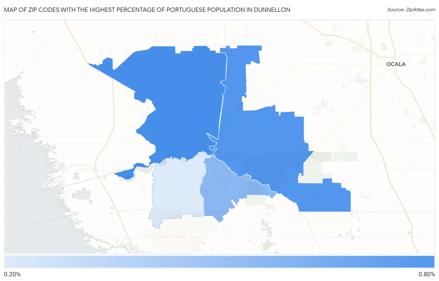 Zip Codes with the Highest Percentage of Portuguese Population in Dunnellon Map