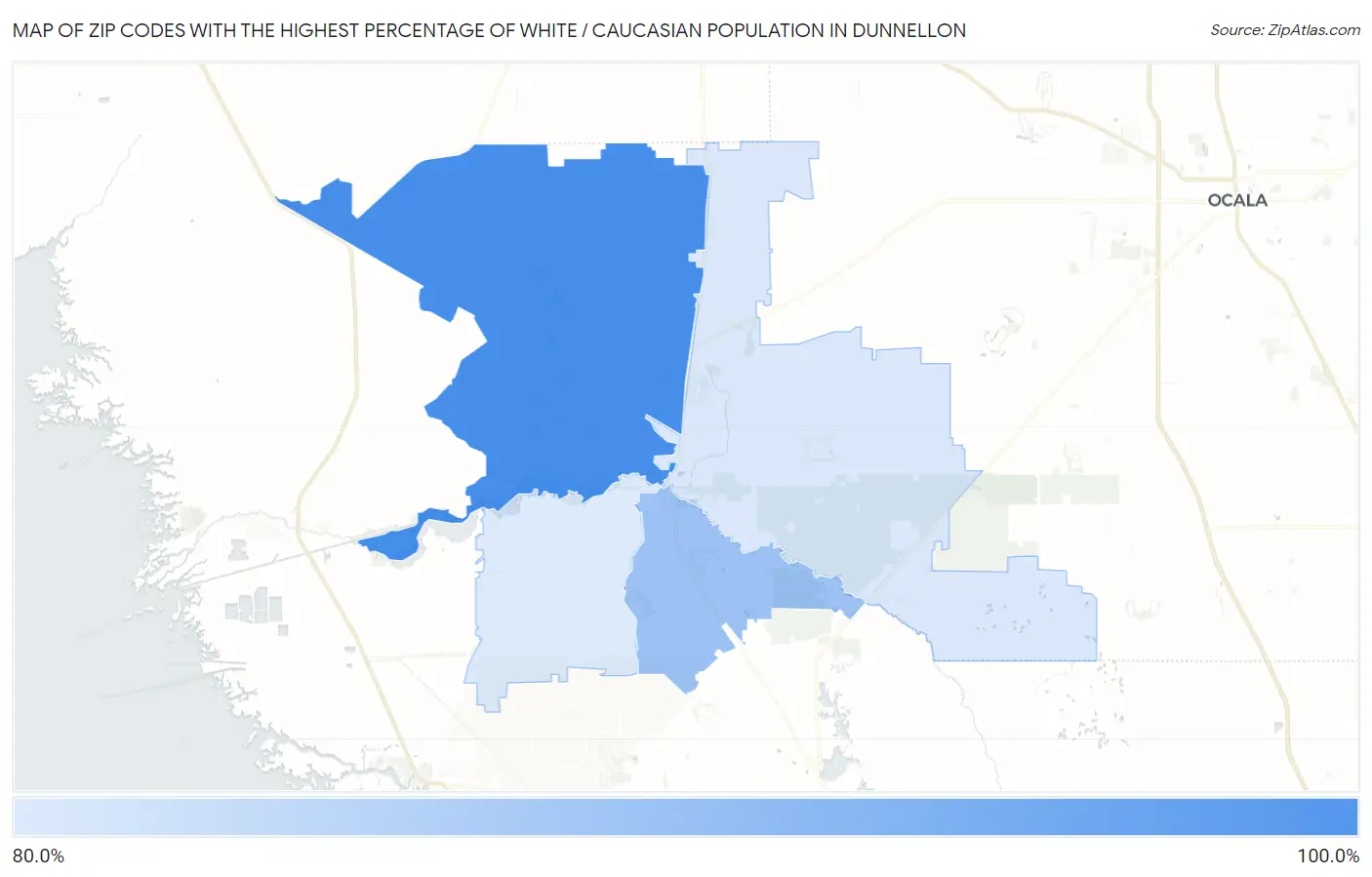 Zip Codes with the Highest Percentage of White / Caucasian Population in Dunnellon Map
