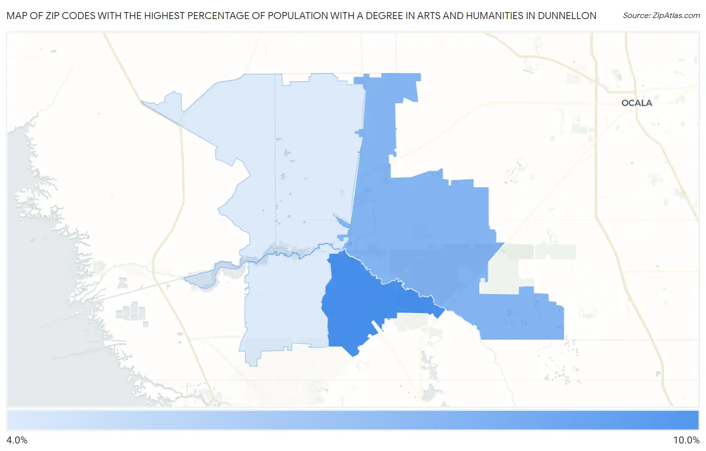 Zip Codes with the Highest Percentage of Population with a Degree in Arts and Humanities in Dunnellon Map