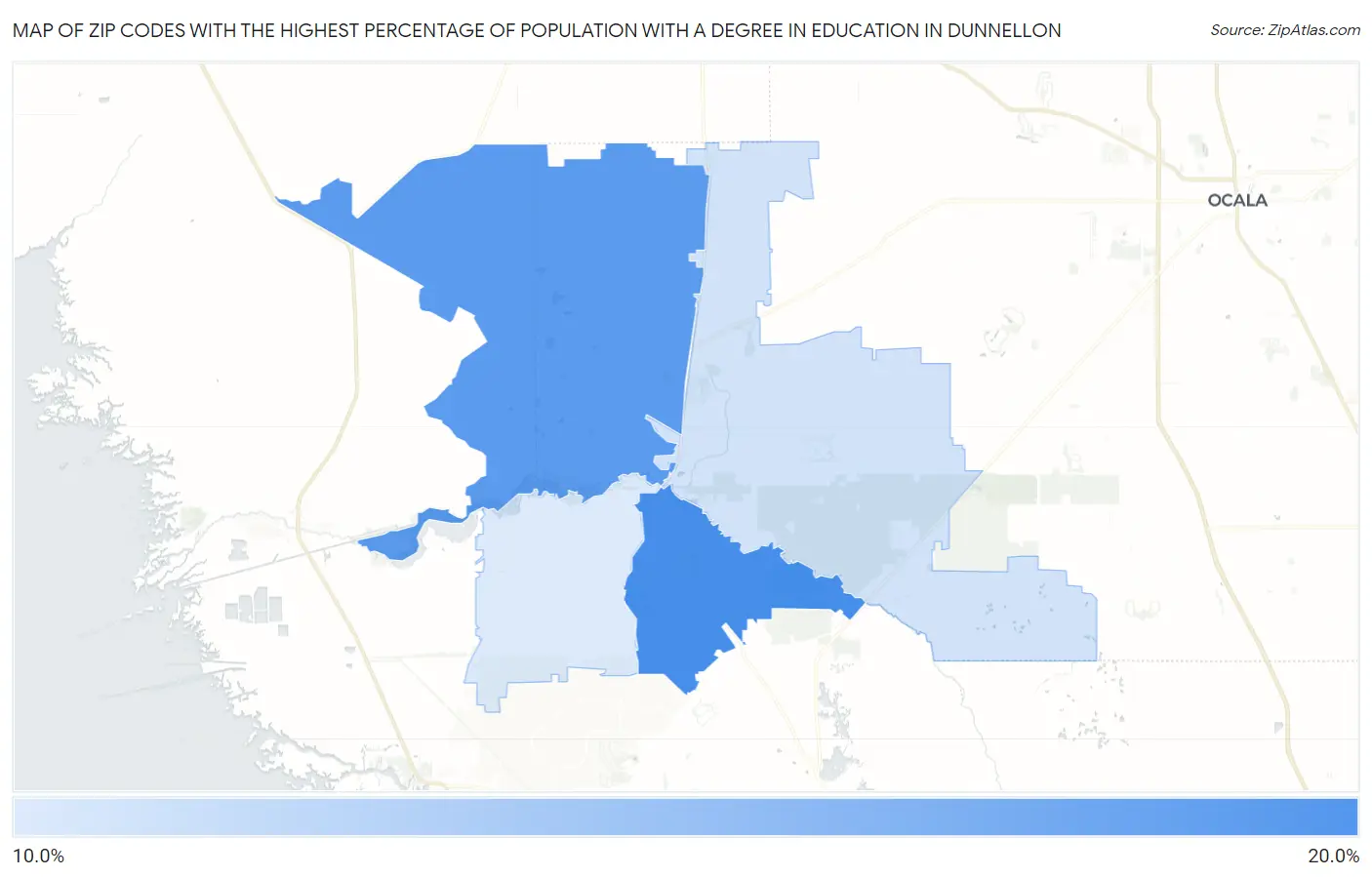 Zip Codes with the Highest Percentage of Population with a Degree in Education in Dunnellon Map