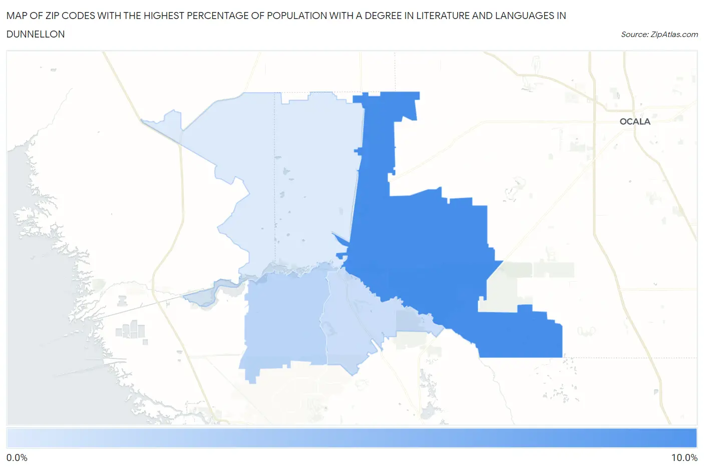 Zip Codes with the Highest Percentage of Population with a Degree in Literature and Languages in Dunnellon Map