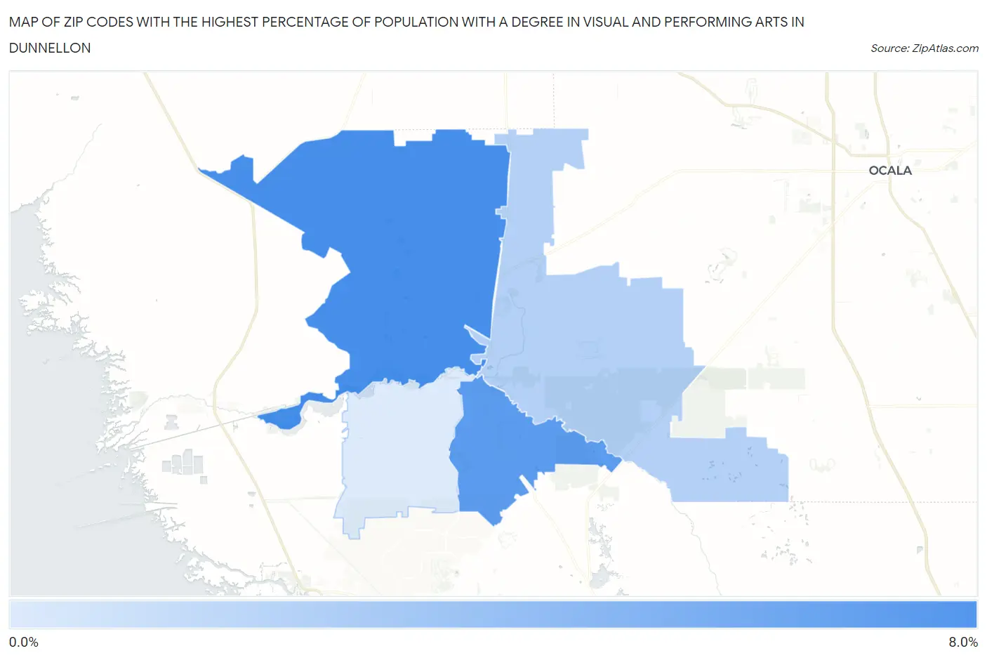 Zip Codes with the Highest Percentage of Population with a Degree in Visual and Performing Arts in Dunnellon Map