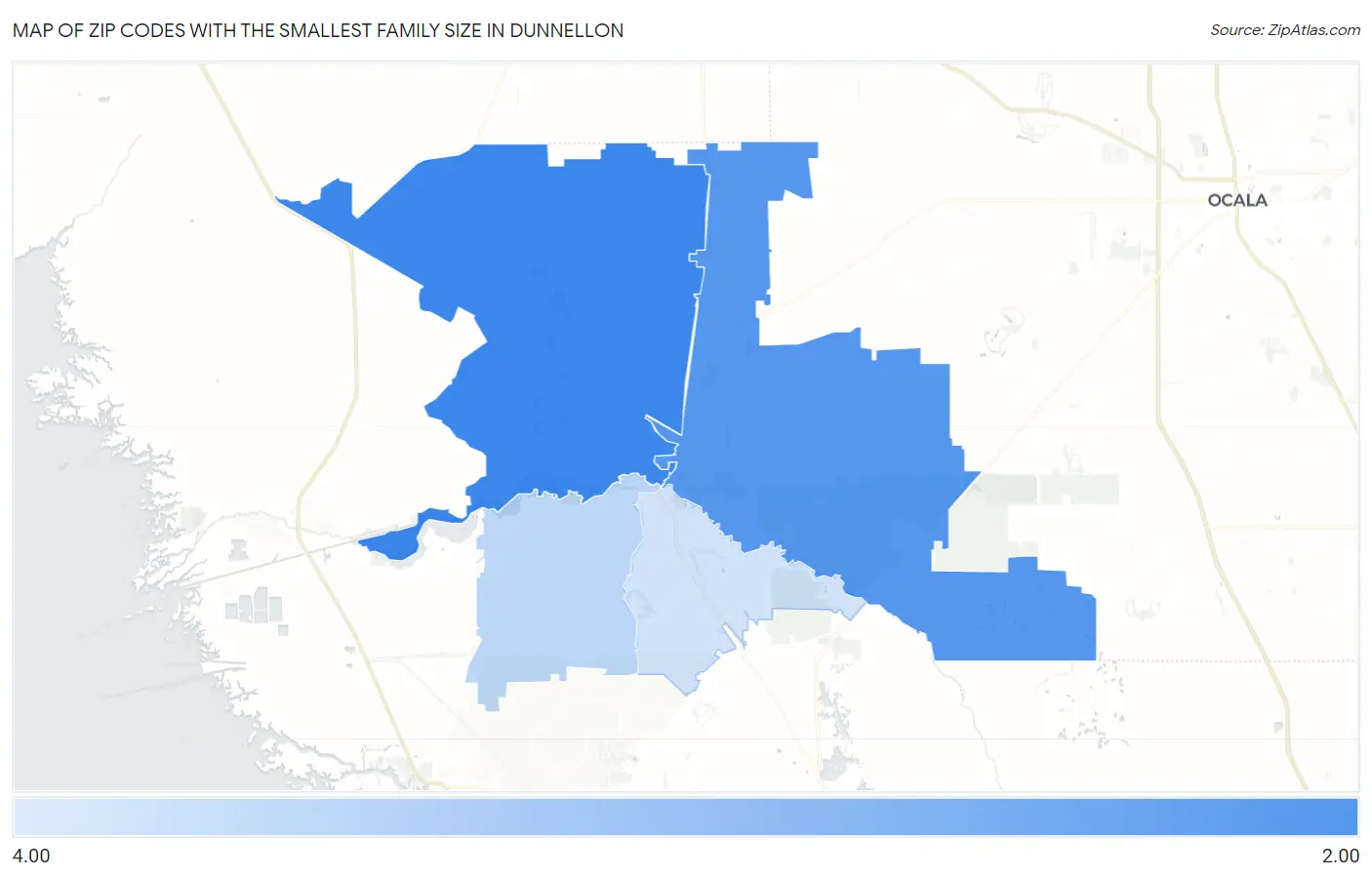 Zip Codes with the Smallest Family Size in Dunnellon Map