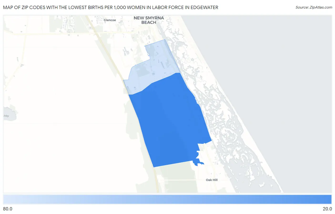 Zip Codes with the Lowest Births per 1,000 Women in Labor Force in Edgewater Map