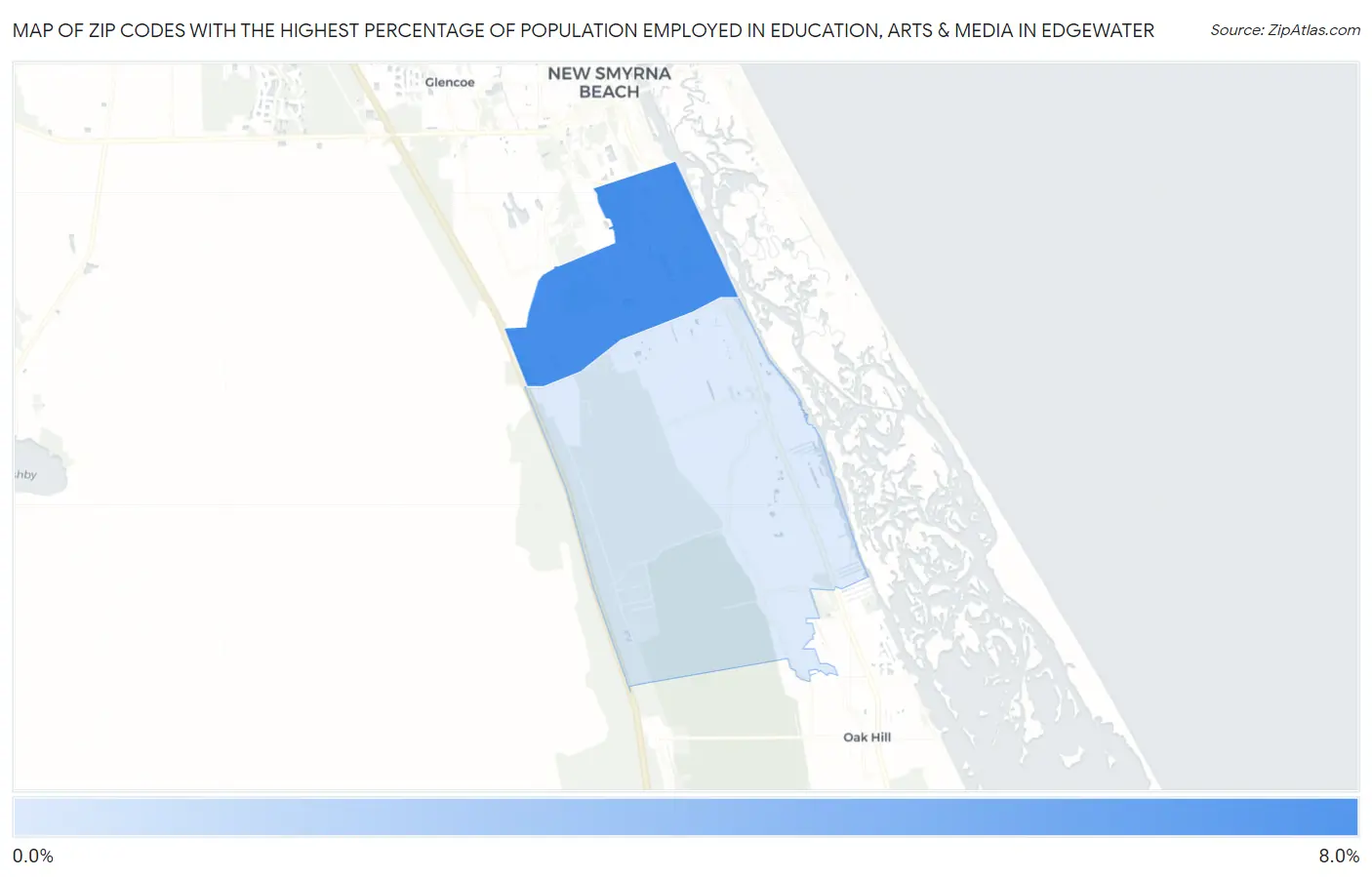 Zip Codes with the Highest Percentage of Population Employed in Education, Arts & Media in Edgewater Map