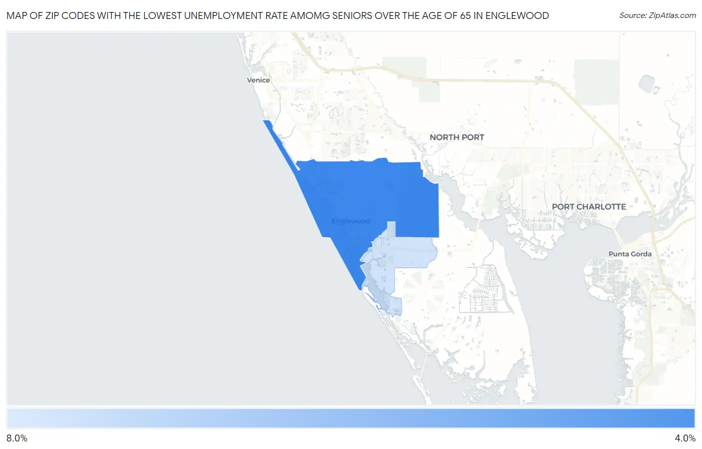 Zip Codes with the Lowest Unemployment Rate Amomg Seniors Over the Age of 65 in Englewood Map