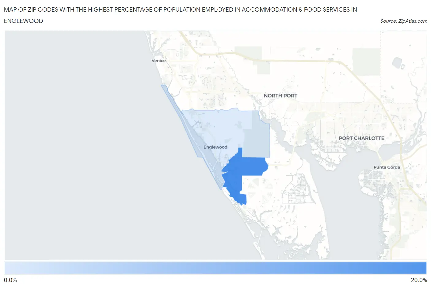 Zip Codes with the Highest Percentage of Population Employed in Accommodation & Food Services in Englewood Map