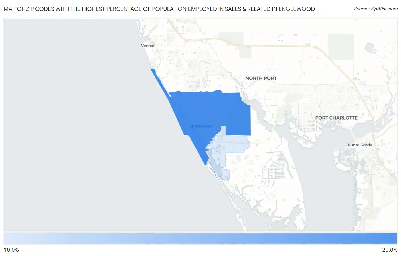 Zip Codes with the Highest Percentage of Population Employed in Sales & Related in Englewood Map