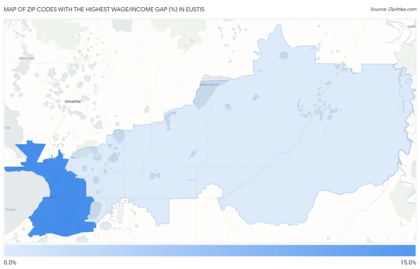 Zip Codes with the Highest Wage/Income Gap (%) in Eustis Map