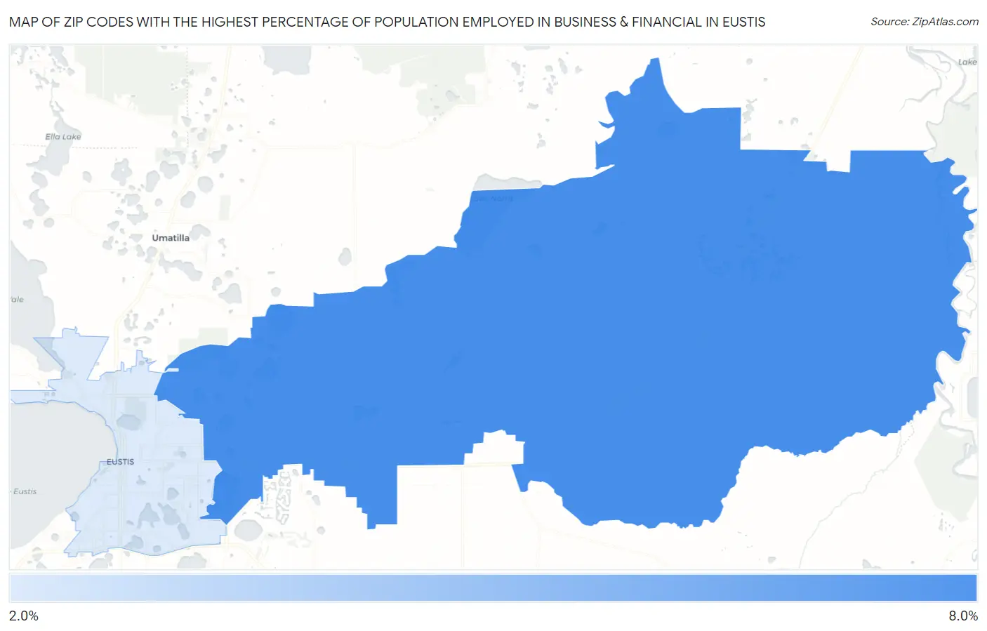 Zip Codes with the Highest Percentage of Population Employed in Business & Financial in Eustis Map