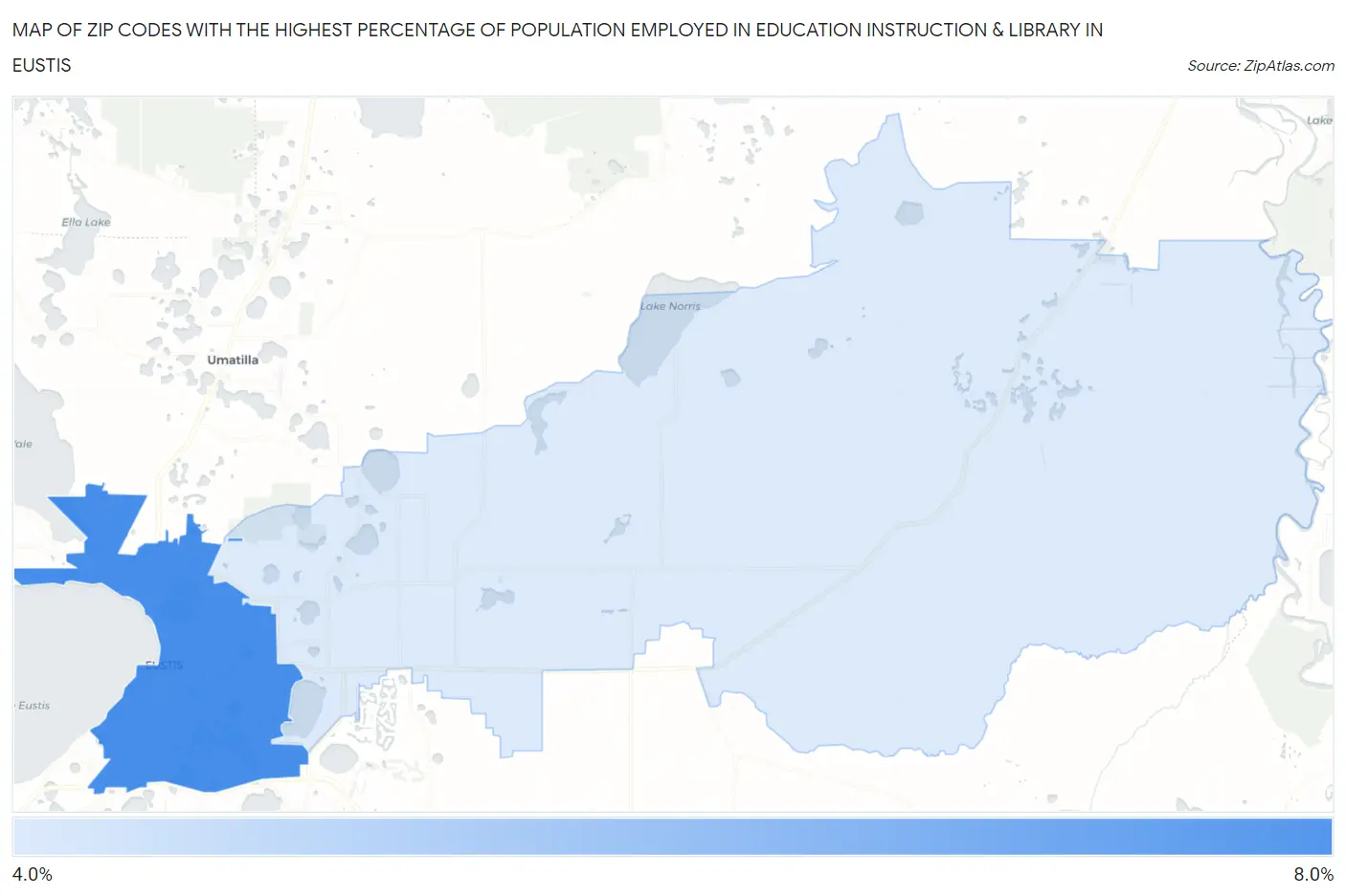 Zip Codes with the Highest Percentage of Population Employed in Education Instruction & Library in Eustis Map