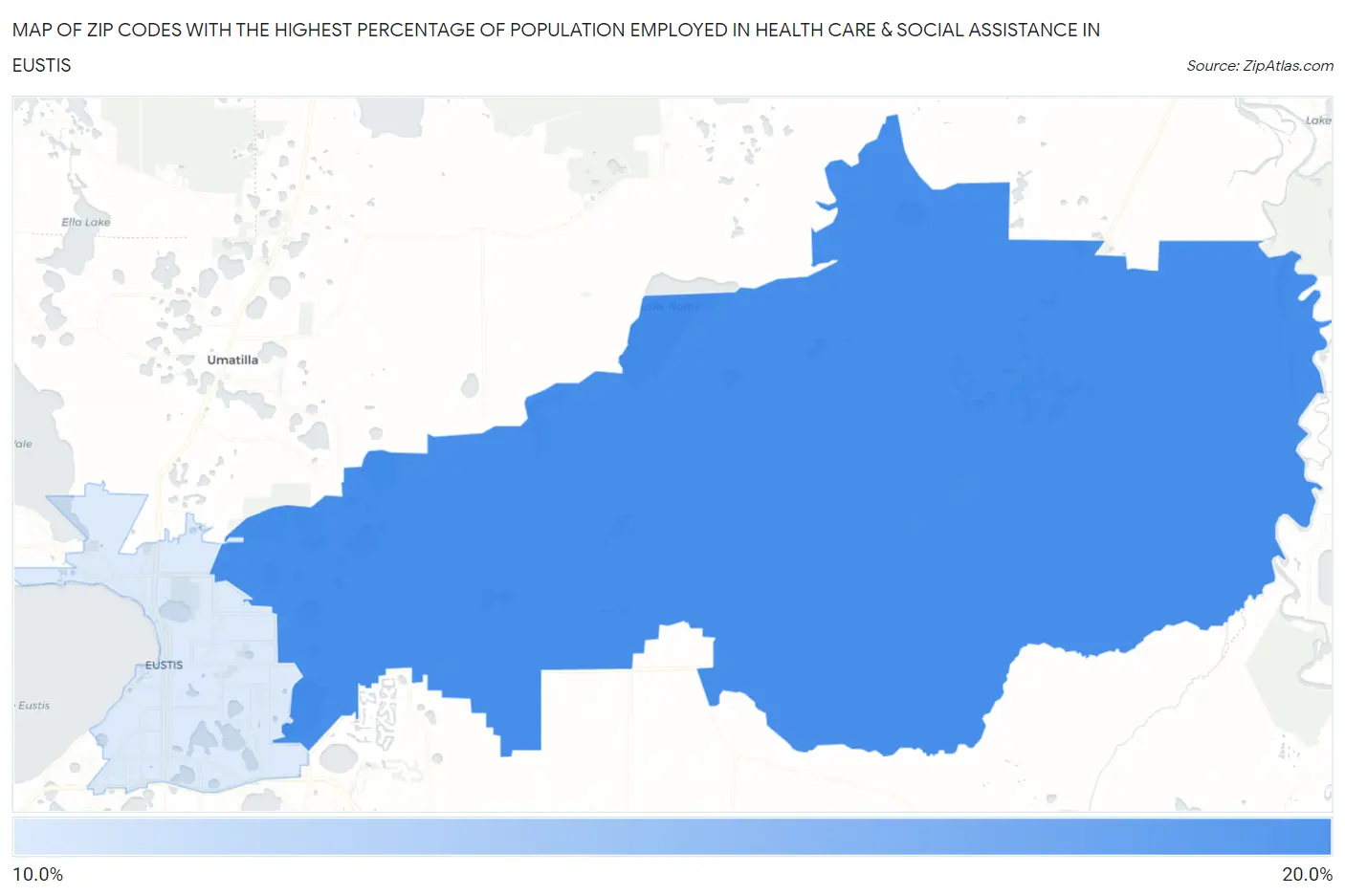 Zip Codes with the Highest Percentage of Population Employed in Health Care & Social Assistance in Eustis Map