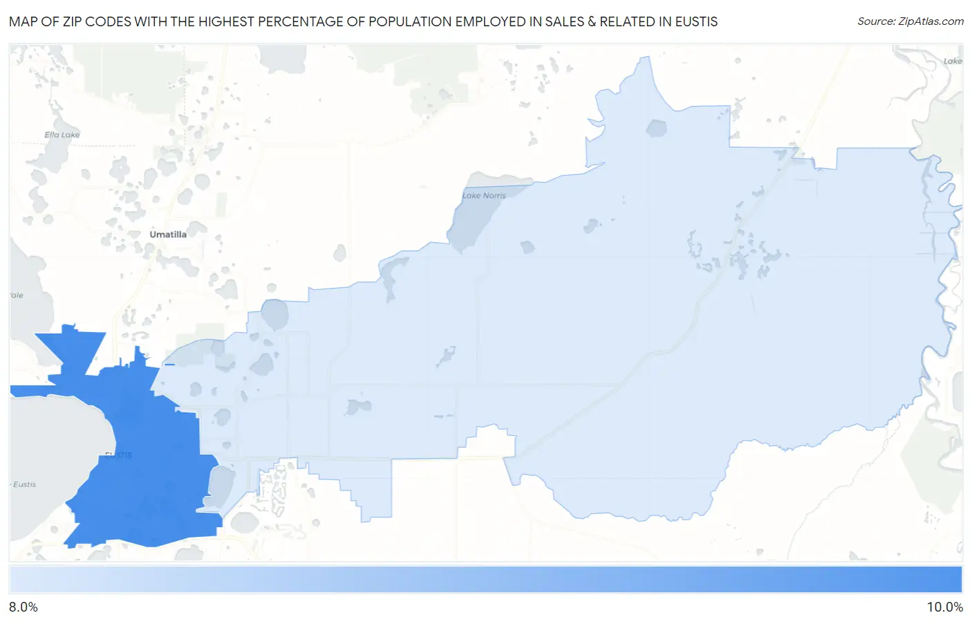 Zip Codes with the Highest Percentage of Population Employed in Sales & Related in Eustis Map