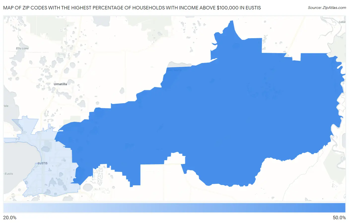 Zip Codes with the Highest Percentage of Households with Income Above $100,000 in Eustis Map