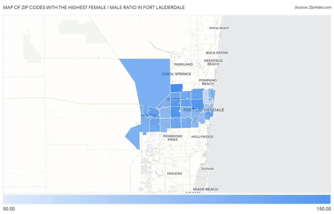 Zip Codes with the Highest Female / Male Ratio in Fort Lauderdale Map