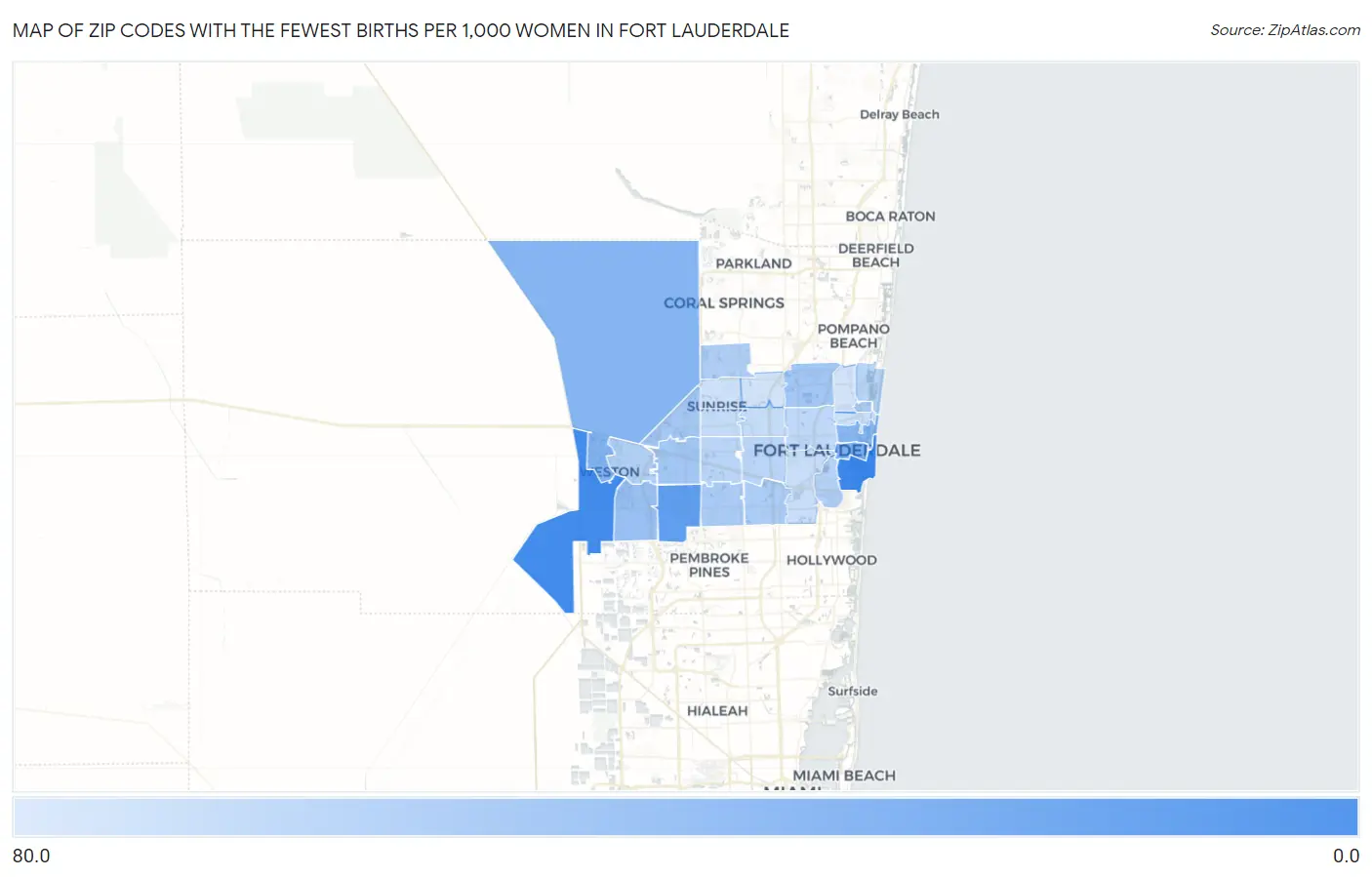 Zip Codes with the Fewest Births per 1,000 Women in Fort Lauderdale Map