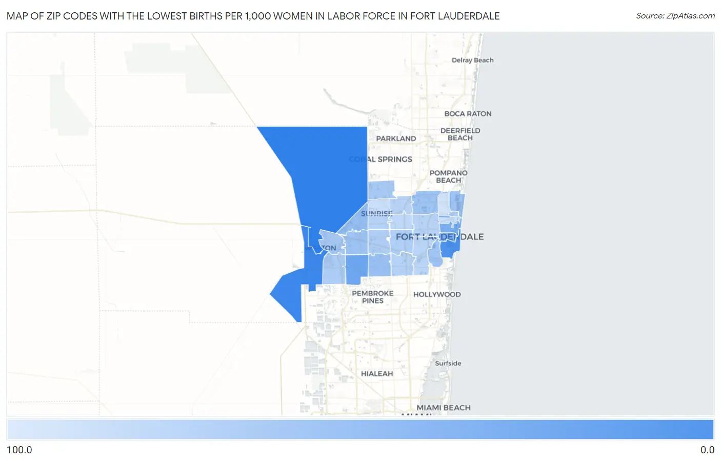 Zip Codes with the Lowest Births per 1,000 Women in Labor Force in Fort Lauderdale Map