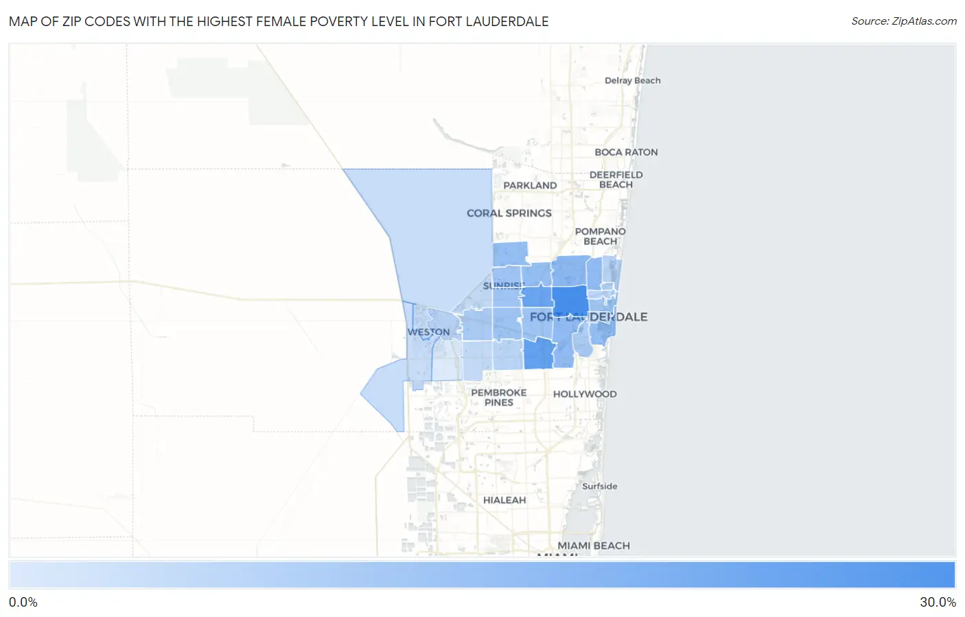 Zip Codes with the Highest Female Poverty Level in Fort Lauderdale Map