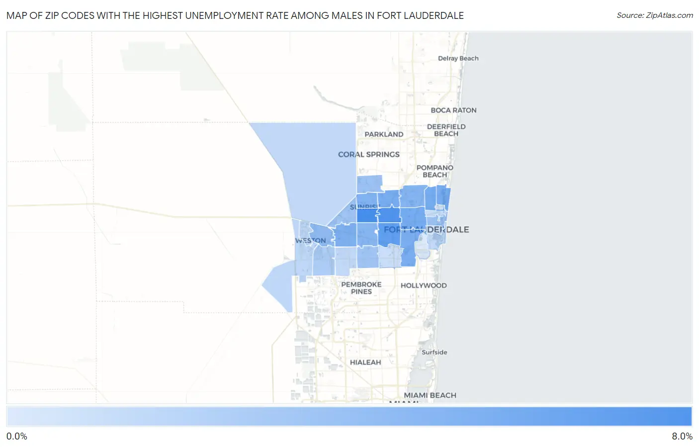 Zip Codes with the Highest Unemployment Rate Among Males in Fort Lauderdale Map