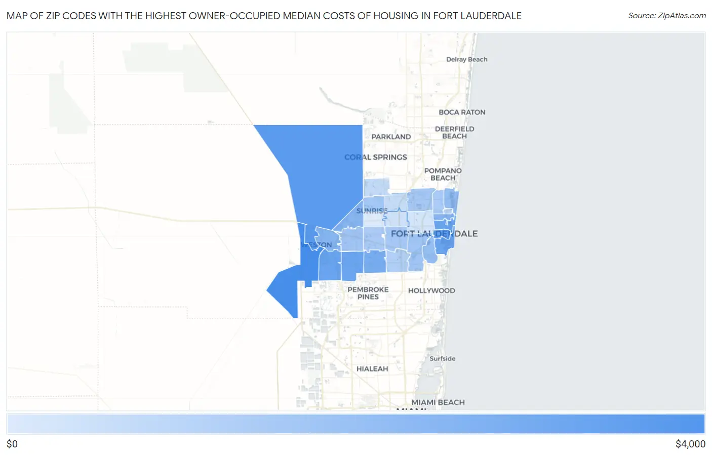 Zip Codes with the Highest Owner-Occupied Median Costs of Housing in Fort Lauderdale Map