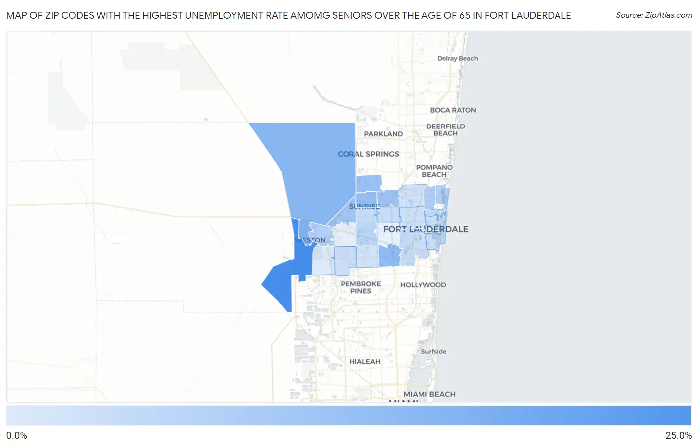 Zip Codes with the Highest Unemployment Rate Amomg Seniors Over the Age of 65 in Fort Lauderdale Map