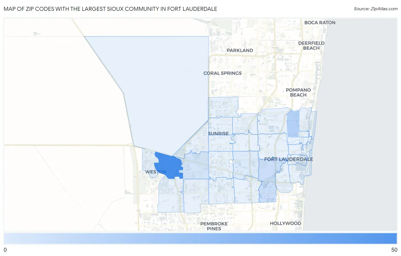 Zip Codes with the Largest Sioux Community in Fort Lauderdale Map