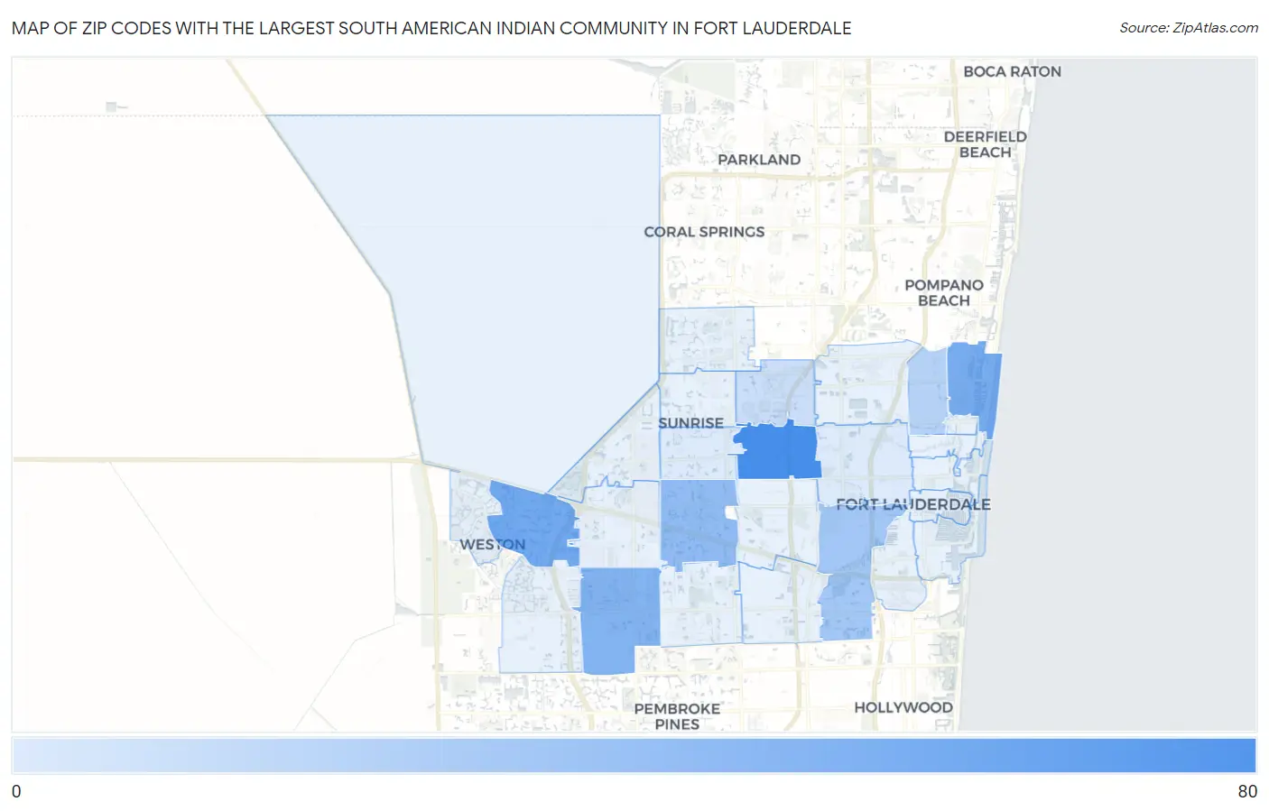 Zip Codes with the Largest South American Indian Community in Fort Lauderdale Map